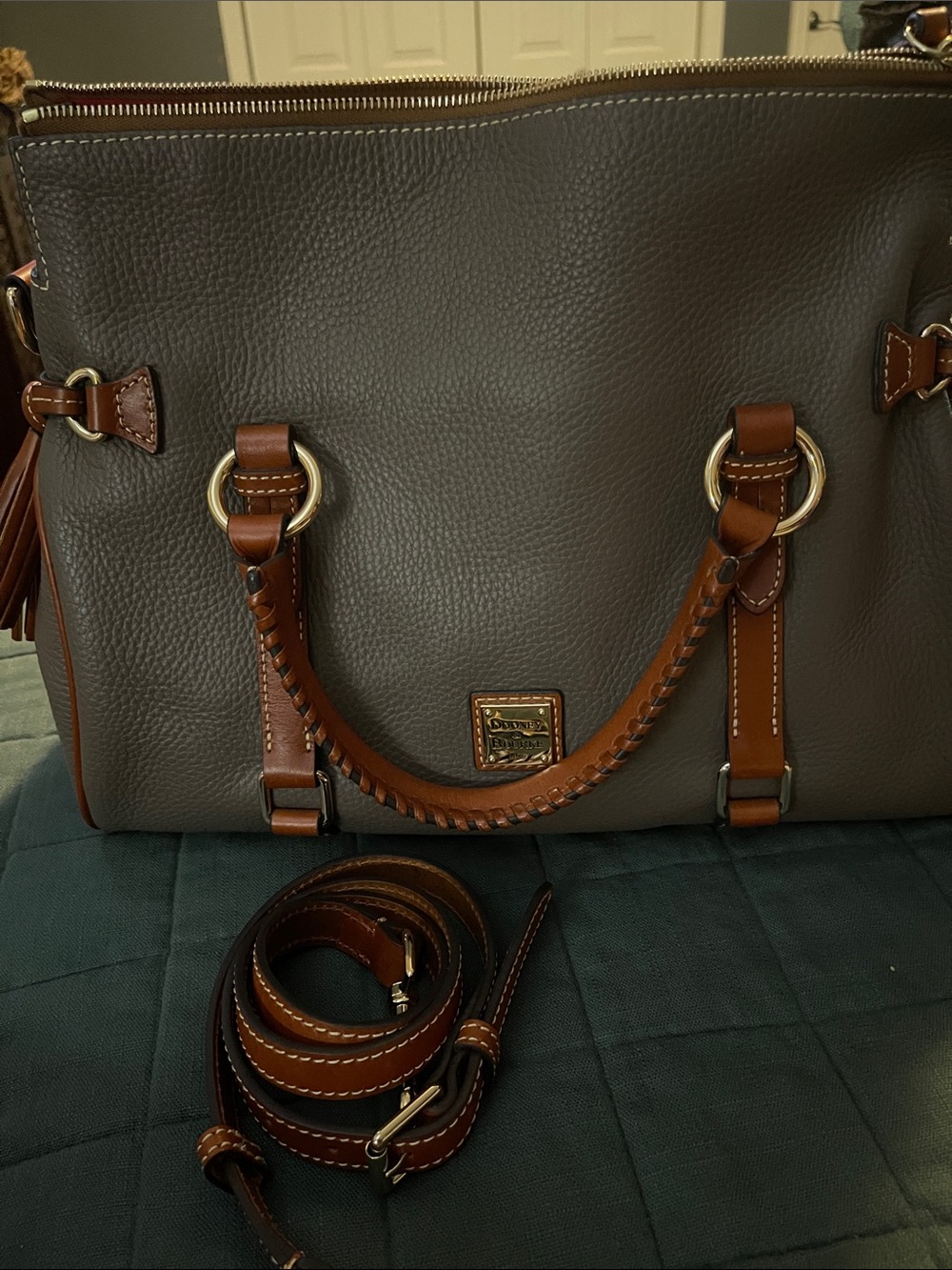 New Dooney & Bourke Taupe Pebble Leather Tote with Chestnut Trim